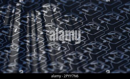 In Quantencomputer-PCB, Makro, 3D-Rendering, 16:9, Querformat Stockfoto