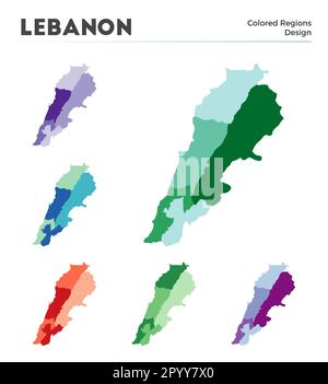 Libanesische Kartensammlung. Grenzen des Libanon für Ihre Infografik. Farbige Länderregionen. Vektordarstellung. Stock Vektor