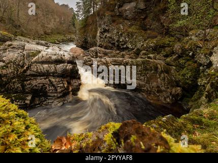 FLUß FINDHORN ZWISCHEN FELSEN AM LOGIE GENIEßEN IM FRÜHJAHR IN DER NÄHE VON FORRES MORAY SCHOTTLAND Stockfoto