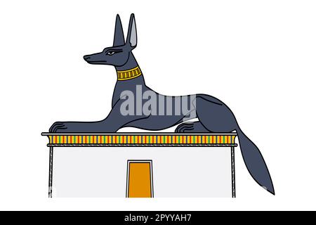 Anubis wie ein Schakal, hoch oben auf einem Grab. In der alten ägyptischen Religion gott der Bestattungsriten, Beschützer der Gräber und Führer in die Unterwelt. Stockfoto