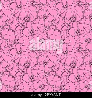 Nahtloses Muster großer schwarzer Orchideensilhouetten auf pinkfarbenem Hintergrund, Struktur, Design Stockfoto