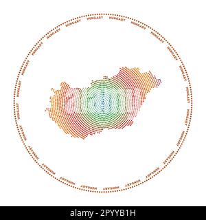 Rundes ungarisches Logo. Digitale Form Ungarns in gepunktetem Kreis mit Ländernamen. Technisches Symbol des Landes mit abgestuften Punkten. Fesselnder Vect Stock Vektor