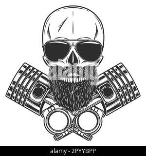 Biker-Schädel mit Bart und Schnurrbart in Sonnenbrille mit gekreuzten Motorkolben reparieren Motorrad-, Auto- und Lkw-Geschäft in klassischem Monochrom Stock Vektor