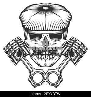 Motorradfahrer-Schädel mit Schnurrbart in flacher Kappe mit gekreuzten Motorkolben reparieren Motorrad-, Auto- und Lkw-Geschäft in klassischem Monochrom Stock Vektor