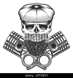 Biker-Schädel mit Bart und Schnurrbart in flacher Kappe mit gekreuzten Motorkolben reparieren Motorrad-, Auto- und Lkw-Geschäft in klassischem Monochrom Stock Vektor