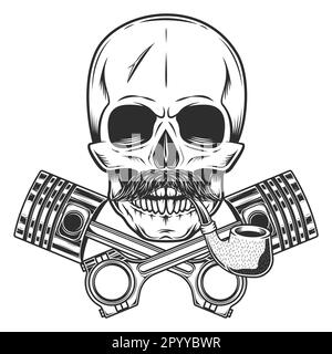 Motorradfahrer Biker Skull mit Schnurrbart, Raucherpfeife und gekreuzten Motorkolben reparieren Motorrad-, Auto- und Lkw-Geschäft in klassischem Monochrom Stock Vektor