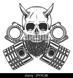 Biker Schädel mit Horn und Bart mit Schnurrbart und gekreuzten Motorkolben reparieren Motorrad-, Auto- und Lkw-Geschäft in klassischem Monochrom Stock Vektor