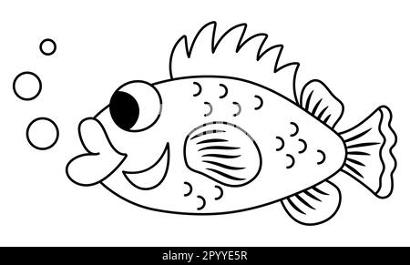 Vektor schwarz-weiß Zackenbarsch- oder Barschsymbol. Unter dem Meer mit süßem, lustigem Wolfsbarsch. Meerestier-Clipart. Cartoon Underwater oder mar Stock Vektor