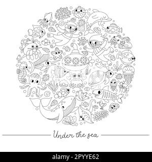 Vector schwarz-weiß unter dem Meer runder Rahmen mit Tauchern, U-Boot, Tieren, Unkraut. Vorlage für Line Ocean Card Design oder Ausmalseite. Süße Illust Stock Vektor