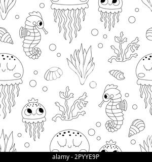 Vector Schwarz-Weiß unter dem Meer nahtloses Muster. Wiederholen Sie den Hintergrund mit Qualle und Baby. Ocean Life Digitalpapier. Wassertiere und kleine Stock Vektor