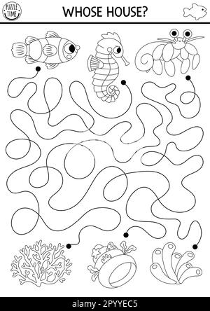 Unter dem Meer schwarz-weißes Labyrinth für Kinder mit Clownfischen, Seepferdchen, Einsiedlerkrebsen und ihren Häusern. Ocean Line Vorschule druckbare Aktivität mit cora Stock Vektor