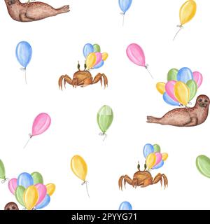 Aquarell süßes, nahtloses Muster von Cartoon-Krabben, Seehunde mit Ballons isoliert auf weißem Hintergrund. Wasserbild für die Einrichtung eines Kinderzimmers Stockfoto