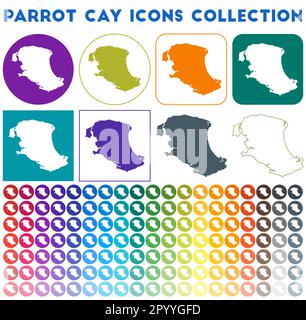 Parrot Cay Icons Kollektion. Bunte, trendige Kartensymbole. Modernes Parrot Cay-Abzeichen mit Inselkarte. Vektordarstellung. Stock Vektor