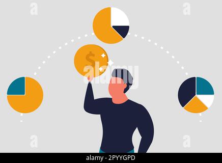 Persönliche Finanzen und kompetente Budget- und Geldplanung. Die Verteilung aller Zahlungen ist vernünftig und klug. Buchhalter. Ein Mann hält Stock Vektor