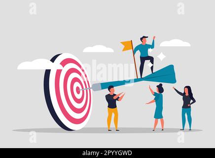 Erreichung eines Geschäftsziels. Das Team feiert den Sieg gemeinsam mit dem Anführer. Abschlussziel der Teamarbeit. Ein erfolgreicher Geschäftsmann hat einen Fla Stock Vektor