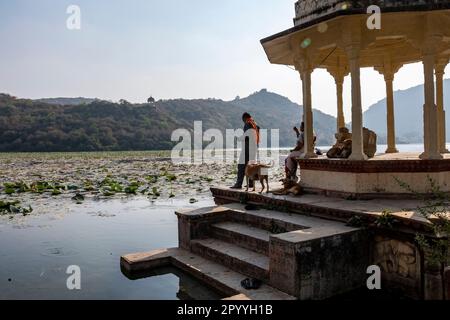 Ein Mann füttert die Fische am Jait Sagar See, Bundi, Rajasthan, Indien Stockfoto