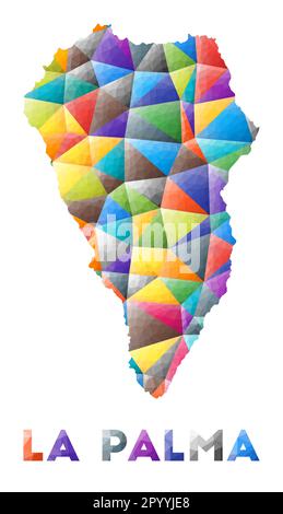 La Palma: Farbenfrohe niedrige Poly-Insel-Form. Mehrfarbige geometrische Dreiecke. Modernes, trendiges Design. Vektordarstellung. Stock Vektor