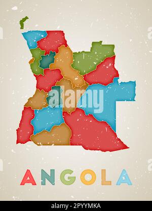 Angola-Karte. Länderposter mit farbigen Bereichen. Alte Grunge-Textur. Vektordarstellung von Angola mit Ländername. Stock Vektor