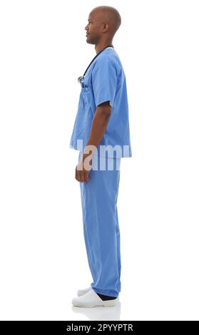 Er ist ein toller Arzt. Seitenansicht eines männlichen Arztes nach links. Stockfoto