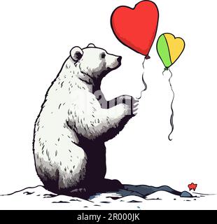 Vektor des Eisbären mit zwei Herzen, rote und grüne gelbe Ballons, Vektor für die Linienzeichnung Stock Vektor