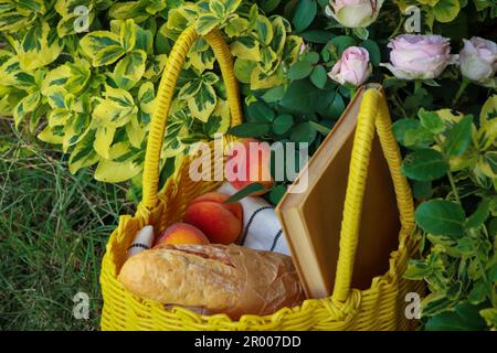 Gelbe Korbtasche mit Rosen, Pfirsichen, Buch und Baguette im Freien, Nahaufnahme Stockfoto