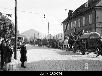 Deutsche Truppen marschieren am 7. Oktober 1938 während der Anexation des Sudetenlandes durch Böhmen-Kamnitz in der Tschechoslowakei. Nach der Annexion Österreichs verlangte Hitler, dass er in die Region Sudeten der Tschechoslowakei aufgenommen wird. Auf der Münchner Konferenz im September 1938 stimmten die westlichen Mächte dem zu, und die nazis besetzten das Gebiet. Kurz nachdem Hitler sein Versprechen gebrochen hatte und in den Rest der Tschechoslowakei einmarschierte, widmete er sich Polen. Stockfoto