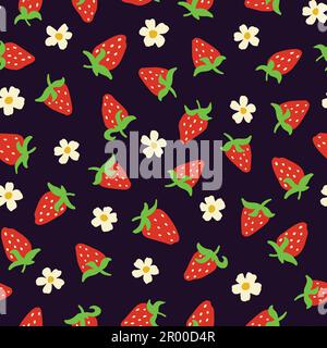 Nahtloses Vektormuster mit Erdbeeren und Blumen auf dunklem Hintergrund. Textil, Verpackung, Verpackung. Vektordarstellung Stock Vektor