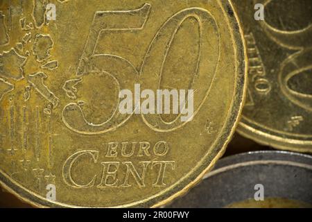 50-Cent-Münze (Euro). Rückseite, Makro-Nahaufnahme Stockfoto