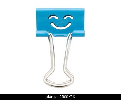 Blauer Heftclip mit Lächeln isoliert auf weißem Hintergrund Stockfoto