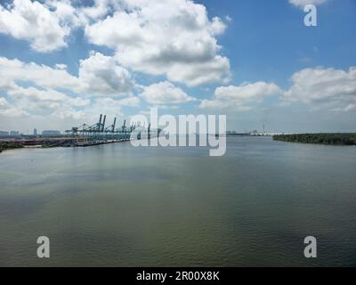 Frachtcontainer-Terminal im Hochseehafen auf einem Industriegebiet mit Mangrovenwäldern und wolkenblauem Himmel. Luftaufnahme Stockfoto