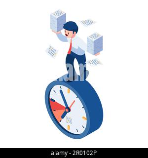 Flacher 3D isometrischer Geschäftsmann, der mit einem Stapel Papierkram auf Uhr balanciert. Zeitmanagement- und Terminkonzept. Stock Vektor