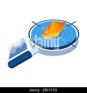 Flaches 3D-mm-isometrisches Vergrößerungsglas Analyse Gelbes Boot im Blauen Ozean. Strategie für den Blauen Ozean und Konzept der Nischenmarktanalyse. Stock Vektor