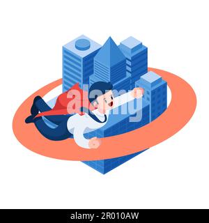 Wohnung 3D Isometrischer Superunternehmer fliegt um das Geschäftsgebäude herum. Geschäfts- oder Wirtschaftswachstum und Immobilieninvestitionen. Stock Vektor