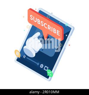 Flaches 3D Isometrisches Handsymbol mit Abonniertaste in der Video-Streaming-App. Abonnieren und Social-Media-Marketing-Konzept. Stock Vektor