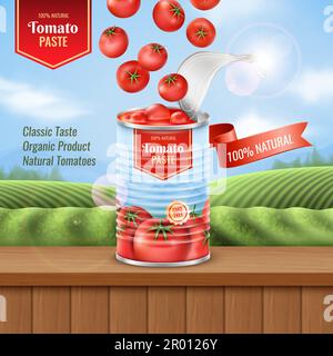 3D Tomatendose, grüne Felder und blauer Himmel, Hintergrund, Chicha. Frische natürliche Saftzutaten, Pomodoro-Konservenwerbung, Naturetikett. A Stock Vektor