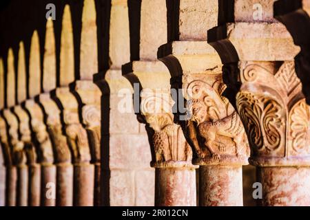 columnas y capiteles,claustro del siglo XII, monasterio benedictino de Sant Miquel de Cuixa , año 879, pirineos orientales,Francia, europa Stockfoto