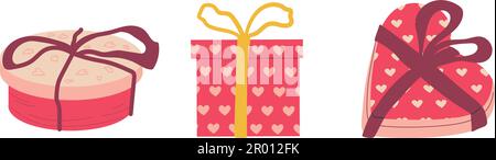 Valentinsgeschenk. Verschiedene verpackte Boxen. Farbenfrohe Geburtstagsgeschenke mit wunderschönem Geschenkpapier und Bändern, handgezeichnete rosa Elemente Herz für Stock Vektor