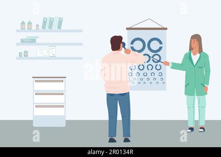 Patientenuntersuchung. Optiker Arzt und Patient in Klinik, medizinische Beratung, Brillenauswahl, Mann prüft Sehvermögen im Krankenhaus, Cartoon flach Stock Vektor