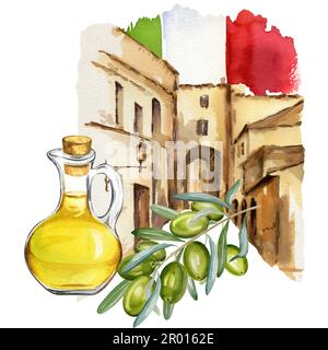 Aquarell Olivenöl in Glasflasche mit Zweig grüner Oliven mit Blättern und Früchten auf altem italienischen Straßenhintergrund mit italienischer Flagge, Handzeichen Stockfoto