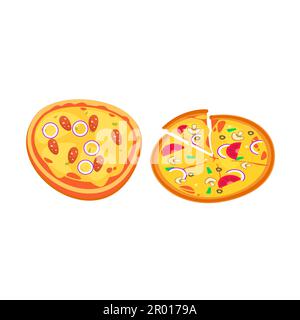 Pizzaschicht-Symbolvektor. Pizzastück mit geschmolzenem Käse. Ein Stück Peperoni-Pizza. Darstellung von Vektorgrafiken mit einfachen Verläufen. Zeichentricksticker Stock Vektor
