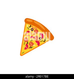 Pizzaschicht-Symbolvektor. Pizzastück mit geschmolzenem Käse. Ein Stück Peperoni-Pizza. Darstellung von Vektorgrafiken mit einfachen Verläufen. Zeichentricksticker Stock Vektor
