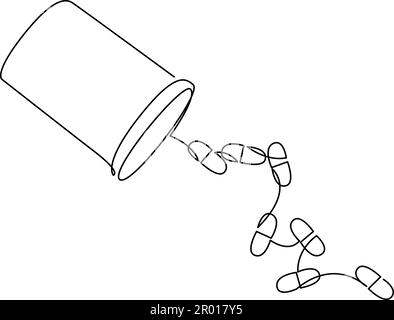 Durchgängiges einzeiliges Zeichnen von Medikamententabletten oder Kapselflaschen. Einzeilige Art-Vektordarstellung der Behältermedikamentenpflege Stock Vektor