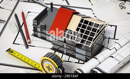 Home Decorating Tools stehen auf Haus bluprints. 3D-Darstellung. Stockfoto