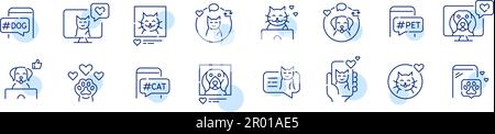 PET-Präsenz in sozialen Medien. Katzen- und Hundeblogger. Pixelgenaue, bearbeitbare Liniensymbole Stock Vektor
