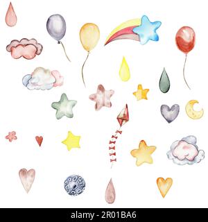 Handbemalte, wasserfarbene und niedliche Partyelemente. Abbildung isoliert auf weißem Hintergrund. Design für Babyparty, Geburtstag, Kuchen Stockfoto