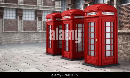 Red britische Telefonzellen in der Straße. 3D-Darstellung. Stockfoto