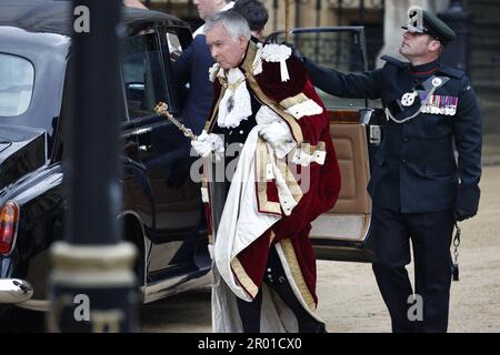 London, Großbritannien. 06. Mai 2023. Nicholas Lyons, der Lord Mayor of London, trifft am 6. Mai 2023 bei der Krönungszeremonie von König Charles III. Und Königin Camilla in Westminster Abbey, London, ein. Foto: Raphael Lafargue/ABACAPRESS.COM Kredit: Abaca Press/Alamy Live News Stockfoto
