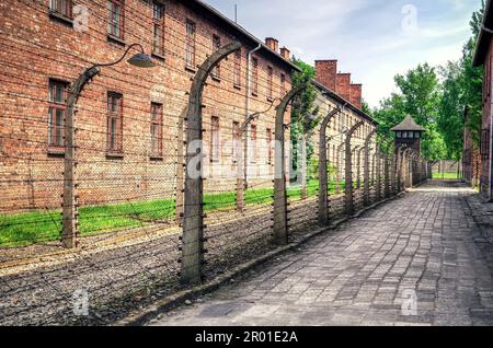 Oswiecim, Polen - 12. Mai 2016: Mauerwerk und Zaun mit Stacheldraht im Konzentrationslager Auschwitz-Birkenau in Oswiecim, Polen. Stockfoto