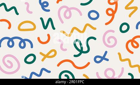 Lustiges farbenfrohes Kritzelmuster. Kreativer, minimalistischer Stil Kunst abstrakter Hintergrund mit leuchtenden, niedlichen Elementen und Figuren. Einfache kindische Kritzelei Stock Vektor