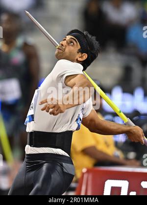 Doha, Katar. 5. Mai 2023. Neeraj Chopra aus Indien tritt beim Javelin-Wurf für Männer beim 2023. Diamond League-Leichtathletiktreffen im Suhaim bin Hamad Stadium in Doha, Hauptstadt von Katar, am 5. Mai 2023 an. Kredit: Nikku/Xinhua/Alamy Live News Stockfoto